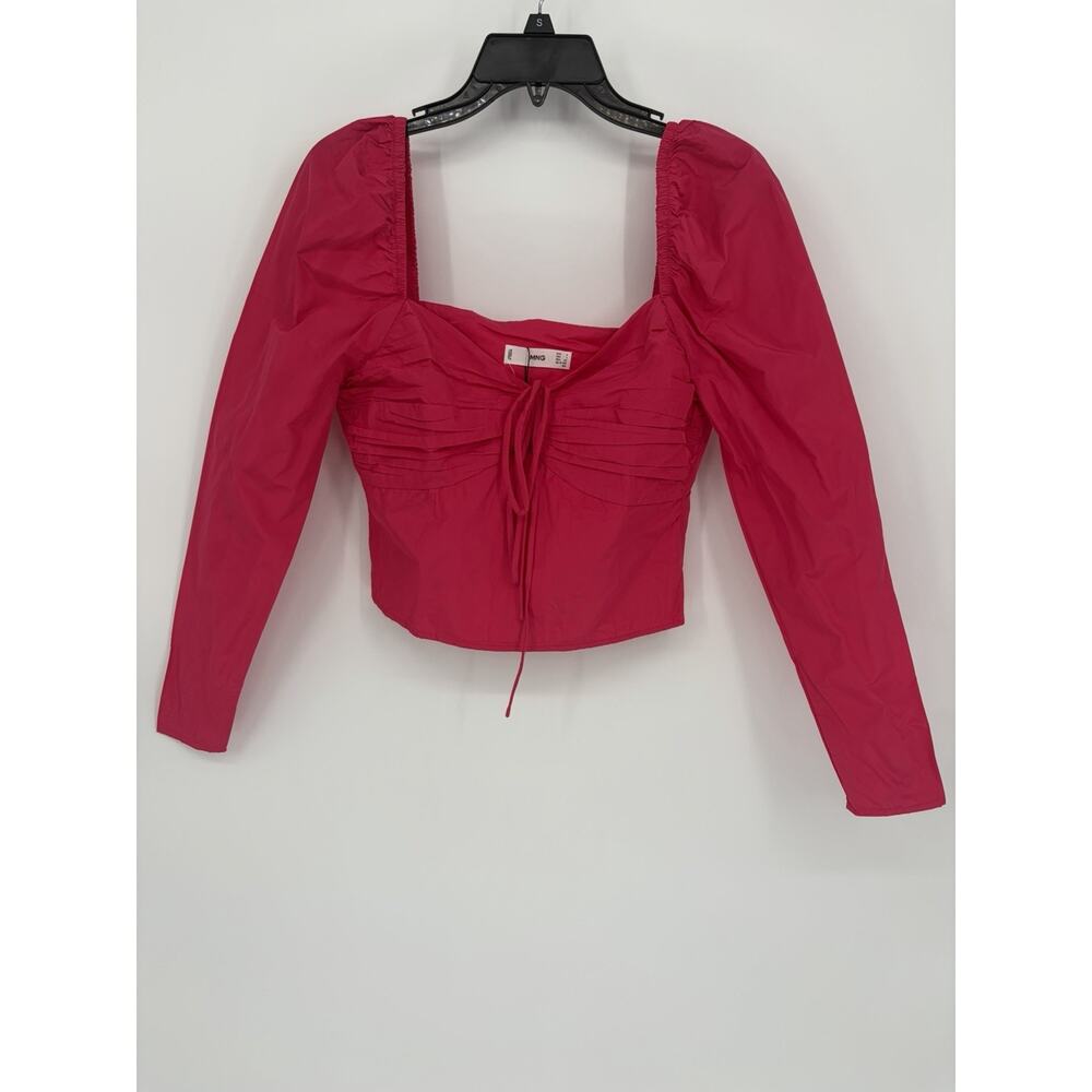 MANGO Hot Pink Ruched Crop Top Small NWT Fitted Y2K Chic Puff Sleeve Barbiecore - Picture 2 of 16